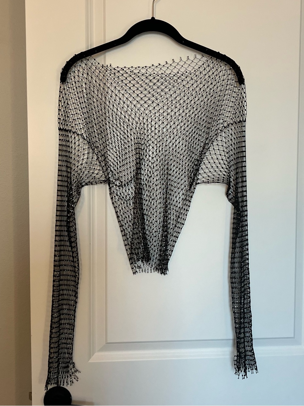 Black Mesh Fishnet Rhinestone Long Sleeve Top